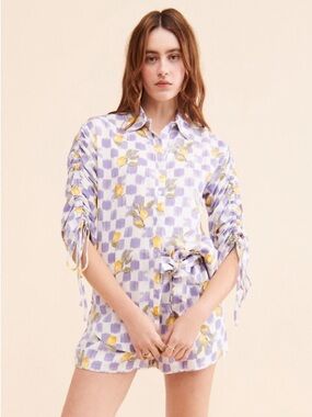 La Porte Lemon Printed Cinch Sleeve Shirt